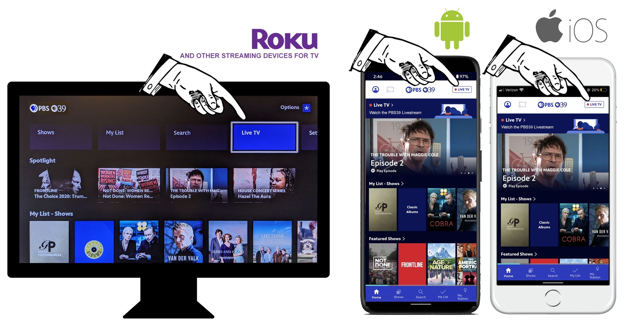 Screenshot of PBS App Streaming Instructions for Roku, Android and iOS.
