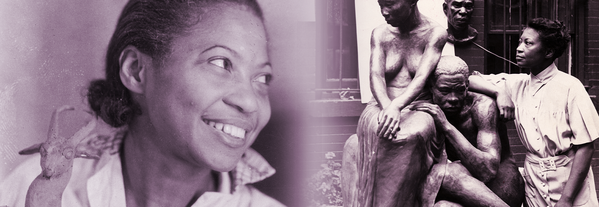 Montage of Augusta Savage smiling and leaning on a sculpture
