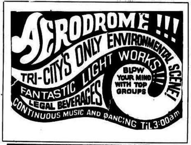 a black and white Aerodrome ad featuring swirling sans-serif text and graphical elements.