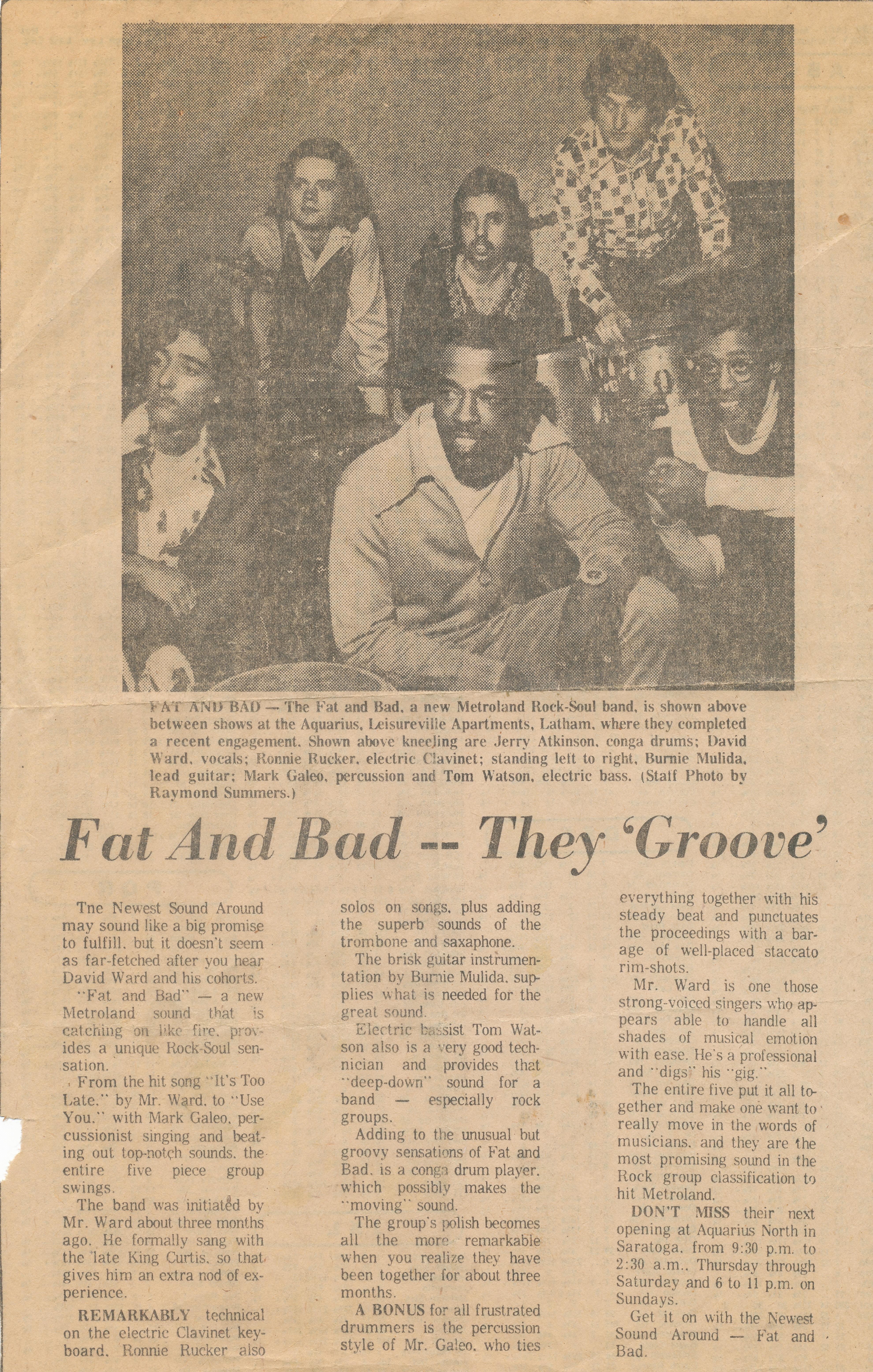 The band Fat and Bad featured in an unknown and undated newspaper article.