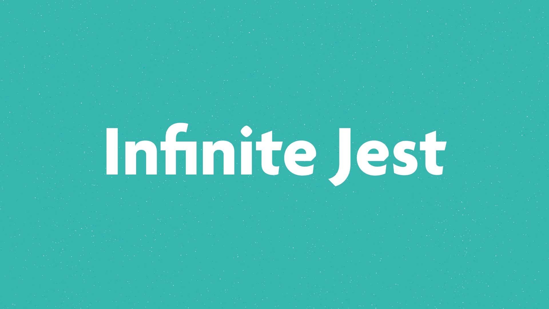 Infinite Jest book submission card on a green background.