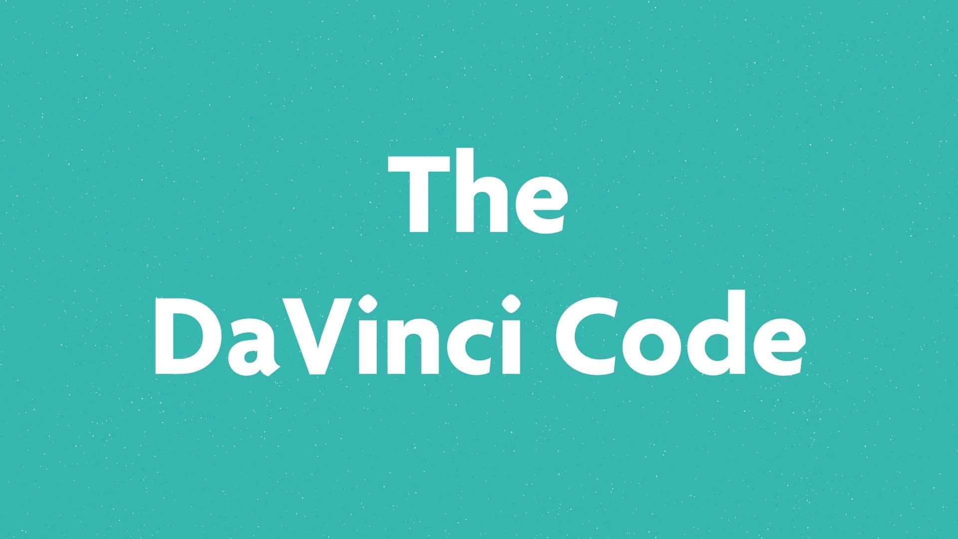 The DaVinci Code book submission card on a green background.