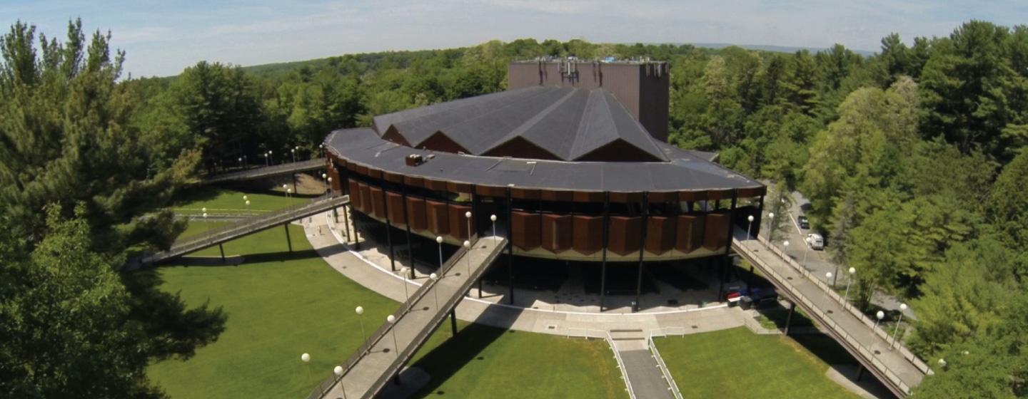 An aerial view of the Saratoga Performing Arts Center