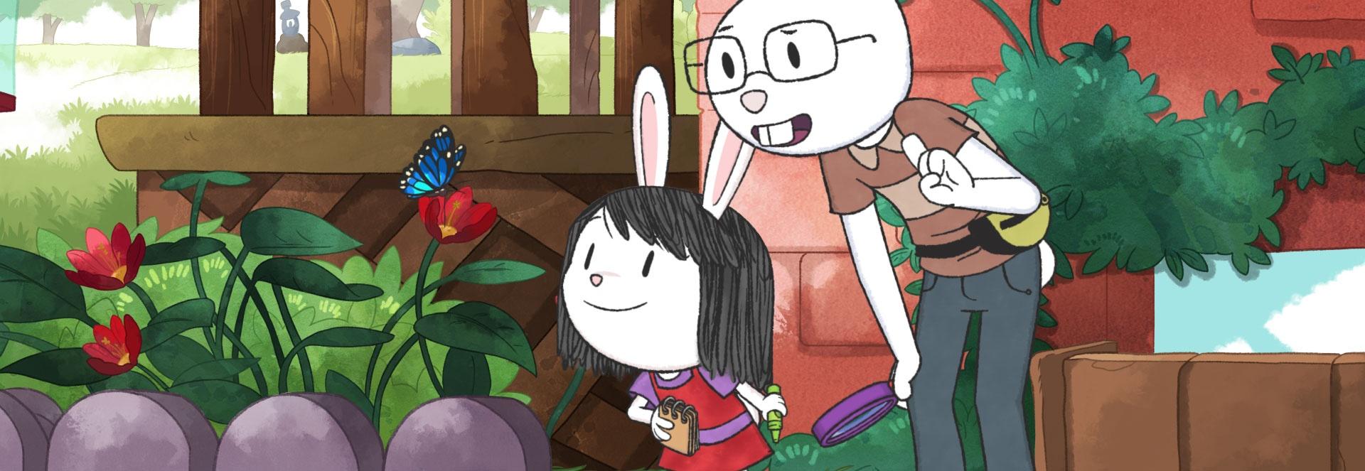 Elinor and her father, both white rabbit animated characters, investigate a butterfly resting atop a red flower.