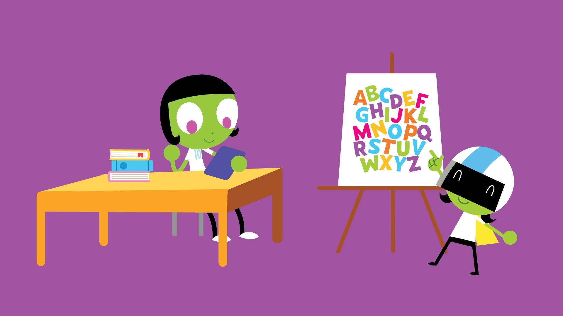 PBS Kids Young Learners mez image featuring characters Dot and Dee with a letter board and a table with books on it.