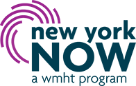 New York NOW Logo with the words 'new york' stacked on top of the word 'NOW' with the words 'a wmht program' below in bark blue with a purple circular logo element