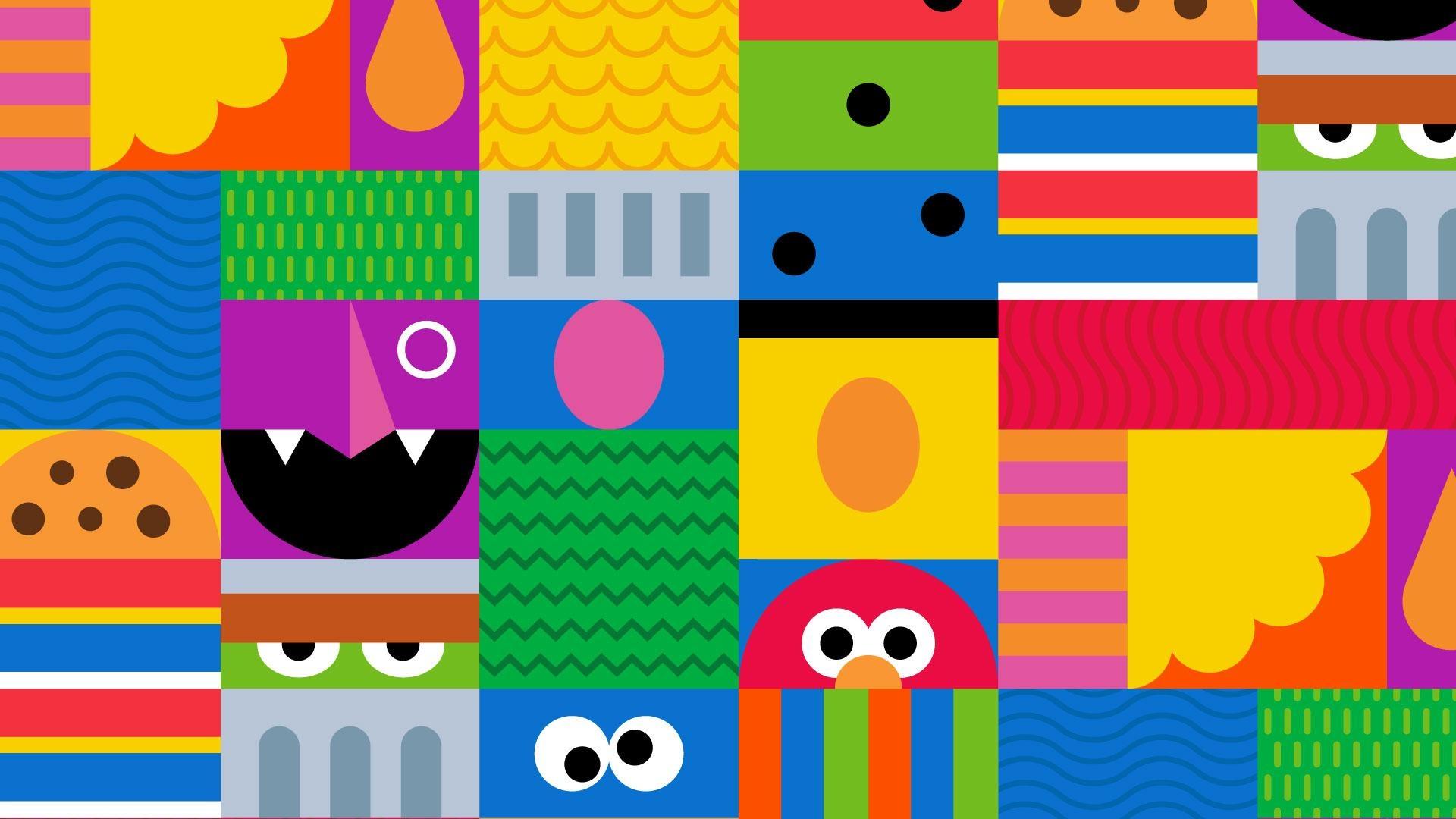 a colorful mosiac of shapes and other identifying features of various Sesame Street characters.