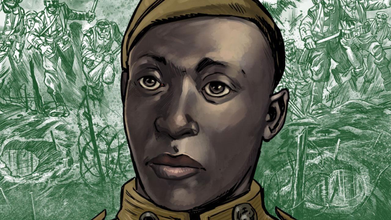 An illustrated portrait of Henry Johnson from a graphic novel.