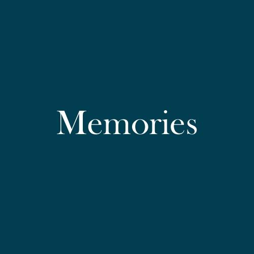 The word "Memories" is displayed in white, serif, type on a dark green background.