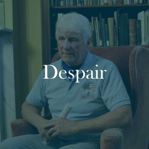 The word "Despair" is displayed in white, serif, type on a dark green transparent overlay with a photo of Mike sitting in an easy chair, recounting his story.
