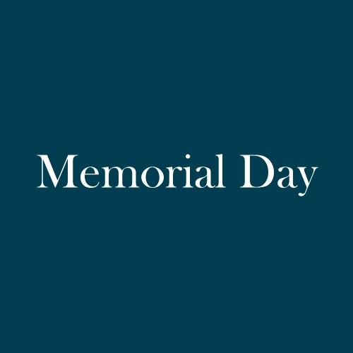 The word "Memorial Day" is displayed in white, serif, type on a dark green background.