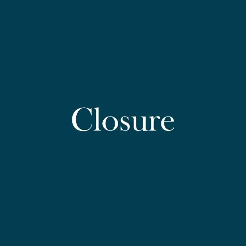 The word "Closure" is displayed in white, serif, type on a dark green background.