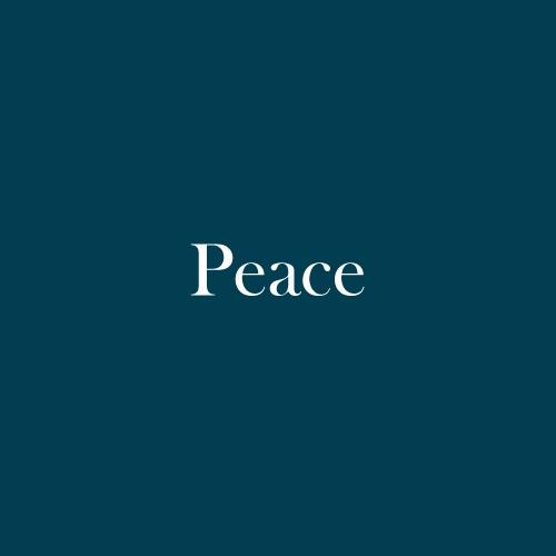 The word "Peace" is displayed in white, serif, type on a dark green background.
