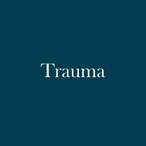 The word "Trauma" is displayed in white, serif, type on a dark green background.