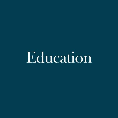 The word "Education" is displayed in white, serif, type on a dark green background.