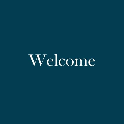 The word "Welcome" is displayed in white, serif, type on a dark green background.