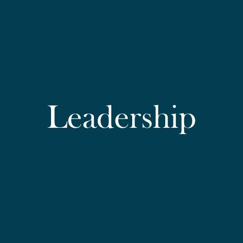 The word "leadership" is displayed in white, serif, type on a dark green background.