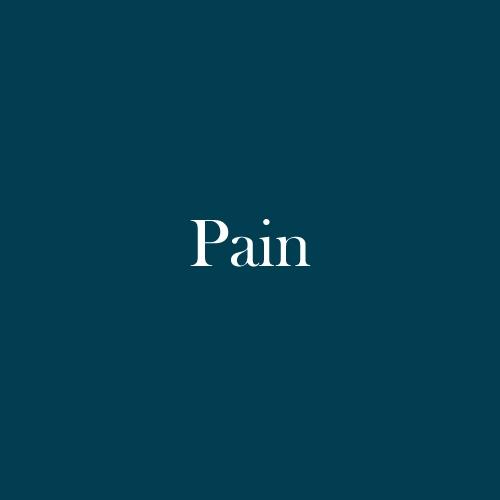 The word "Pain" is displayed in white, serif, type on a dark green background.