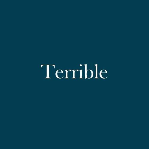 The word "Terrible" is displayed in white, serif, type on a dark green background.