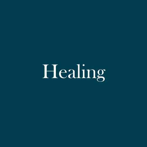 The word "Healing" is displayed in white, serif, type on a dark green background.