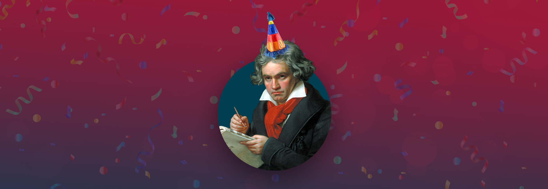 An image of Beethoven as he looks up from writing music with a birthday hat on, surrounded by colorful confetti.