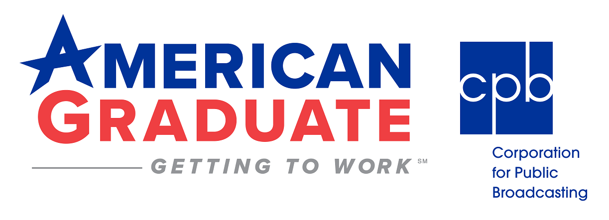 American Graduate and CPB Logo Lockup with American in blue stacked on top of Graduate in Red with the words  Getting to Work in gray below and the CPB, Corporation for Public Broadcasting logo to the right