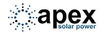 Apex Solar Power logo in black and blue lowercase, sans serif font with a circle and dot logo mark to the left