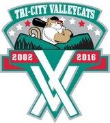 Tri-City Valleycats 2016 Anniversary Logo with an illustration of the mascot holding a baseball bat