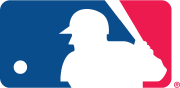MLB (Major League Baseball) Logo with a white silhouette of a baseball player taking a swing at a ball of a blue and red background