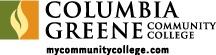 Columbia Greene Community College Logo in black all caps serif font with a green, yellow, and orange square emblem to the left