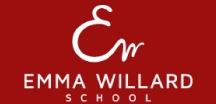 Script initials of an E and W above the words Emma WIllard School in white, all caps, sans serif font on top of a dark red background.