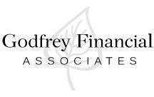 Logo treatment featuring the words Godfrey Financial in serifed typeface with Associates below in all-caps, sans serif on to of a gray leaf outline.