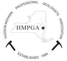 The Hudson-Mohawk Professional Geologists Association logo with their name in a circle outline and the letter HMPGA in the middle on an outlined New York State with a star on the capital