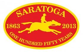 Saratoga 150 Logo Emblem with a yellow horse and yellow Saratoga One Hundred Fifty Years text and the dates 1863-2013 in a red oval with yellow outline
