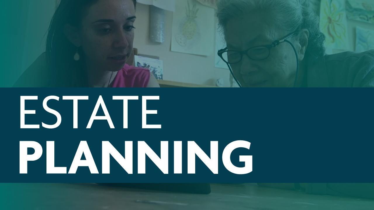 Image of two women reviewing a document at a table with a blue transparent overlay and a blue banner that reads Estate Planning in a white, sans serif font