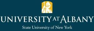 University at Albany Logo in white on a blue background with the words State University of New York below