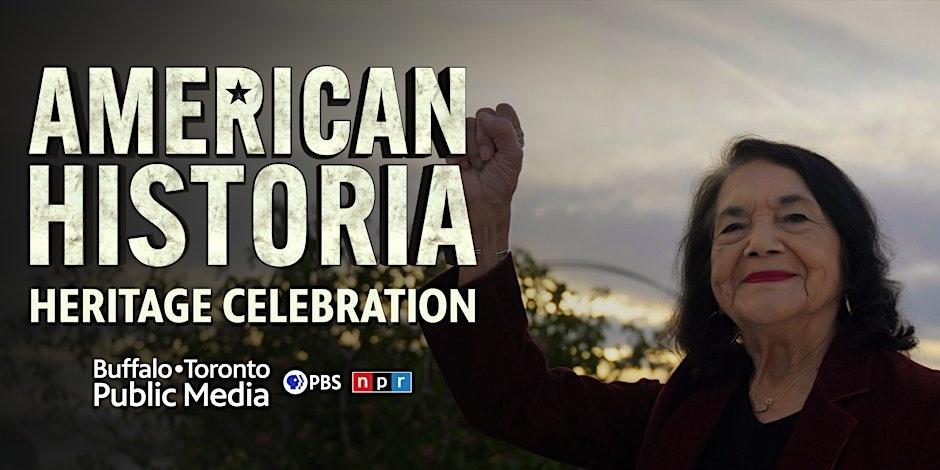 Photo of a latina woman raising her fist in the air, along with the American Historia and BTPM logos