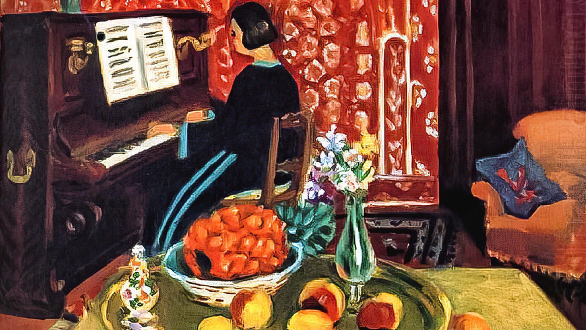 still life painting of someone playing the piano in a vibrant living room