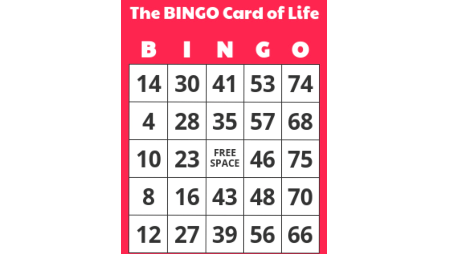 BINGO card with numbers in each column corresponding with the ages Marty lists out in the blog.