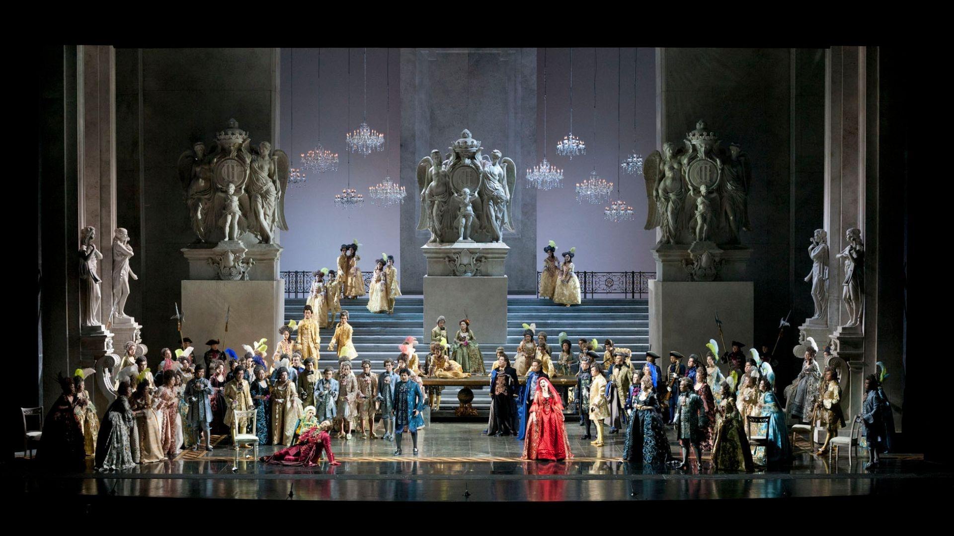 Onstage scene from Un ballo in maschera where the King is slain