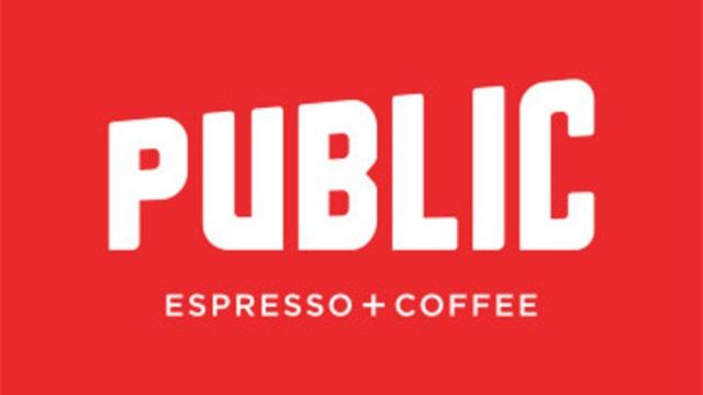 Public Espresso logo in white with a red background
