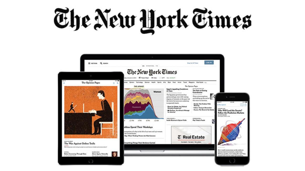 The NYT being shown on a smartphone, tablet, and laptop