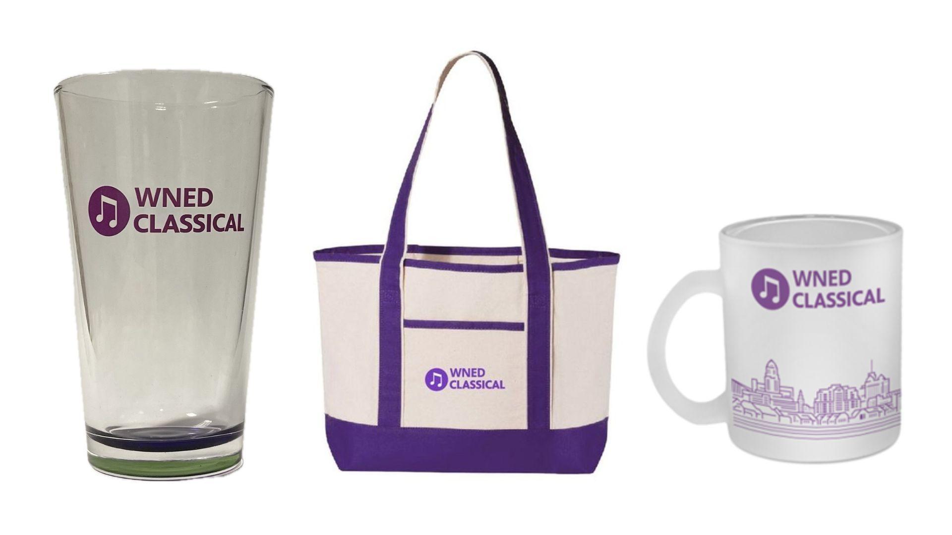 WNED Classical pint glass, tote bag, and frosted skyline mug