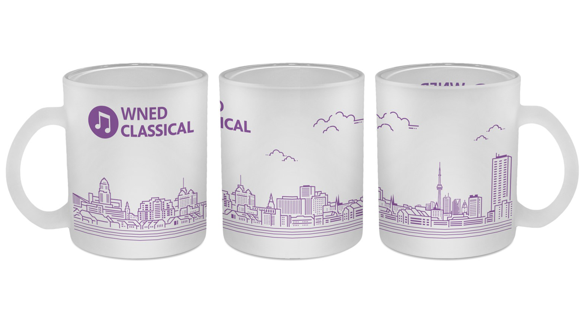 the frosted skyline mug with a purple outline of a combo skyline of Buffalo and Toronto