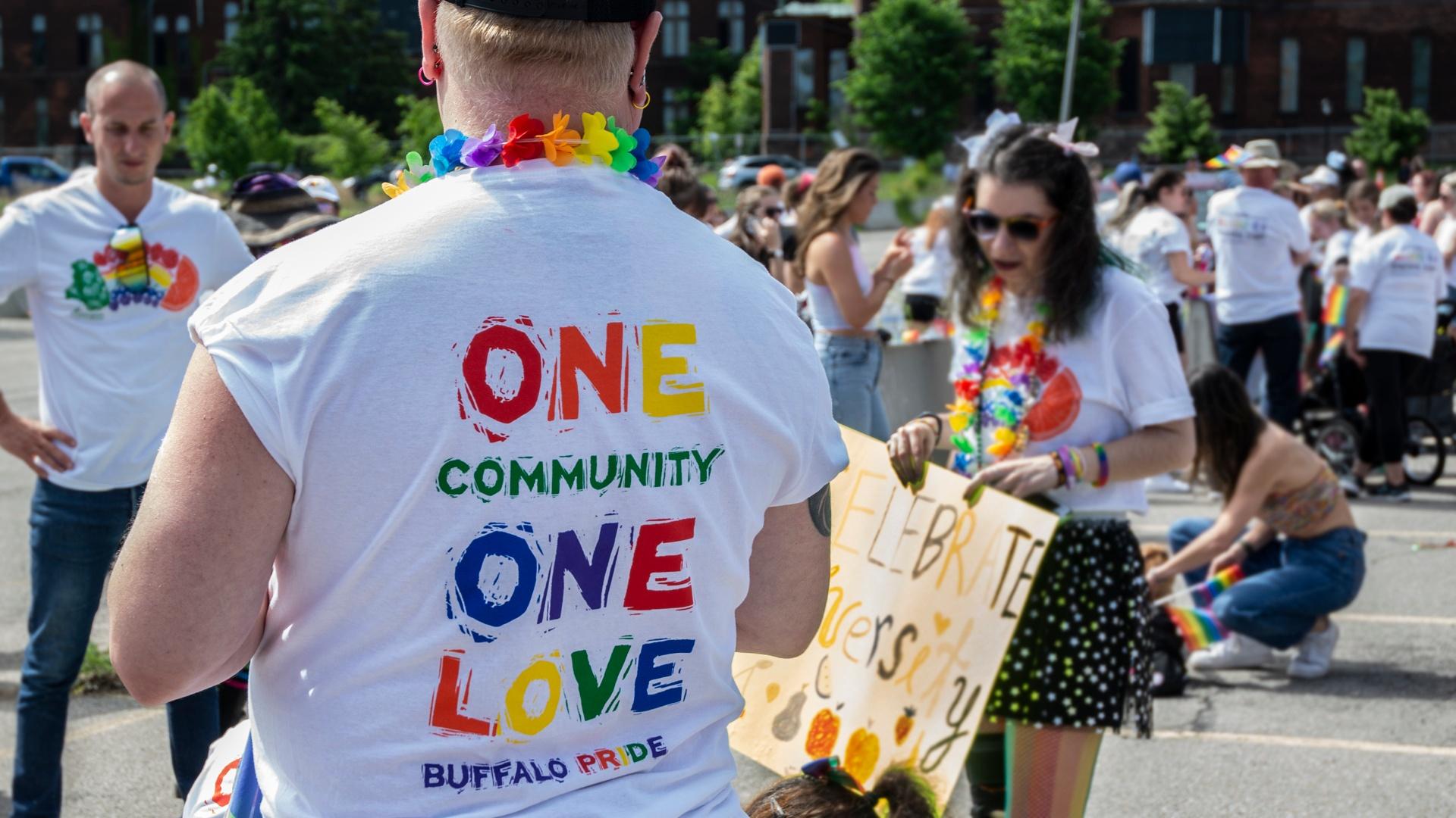 shirt with " One Community, One Love, Buffalo Pride"