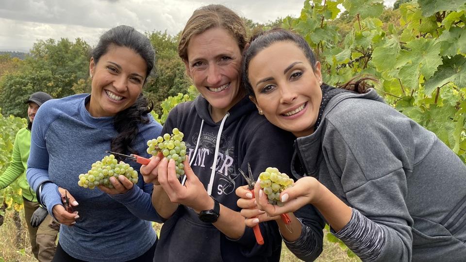 Women posing with grapes