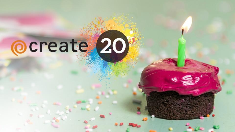 A cupcake with a birthday candle in it, with the "Create" logo and a number 20