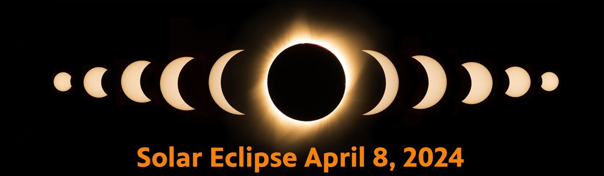 Composit eimage of a total solar eclipse with text "Solar Eclipse April 8, 2024"