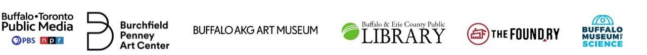 "Leonardo da Vinci" sponsor logos: BTPM, Burchfield Pennery Art Center, Buffalo AKG Art Museum, Buffalo & Erie County Public Library, The Foundry, and the Buffalo Science Museum