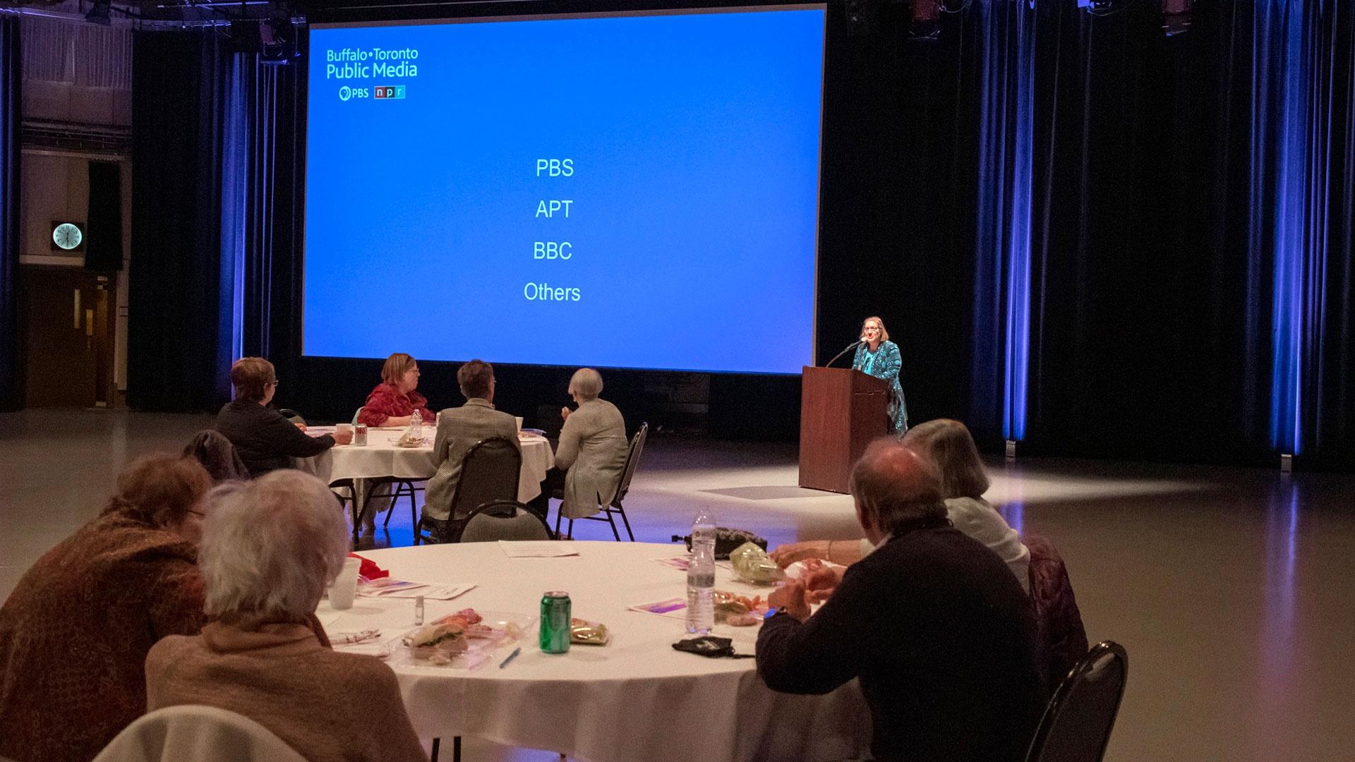 Kathryn Larsen, VP of Broadcast shares what outlets provide programs for WNED PBS at the fall preview leadership event.